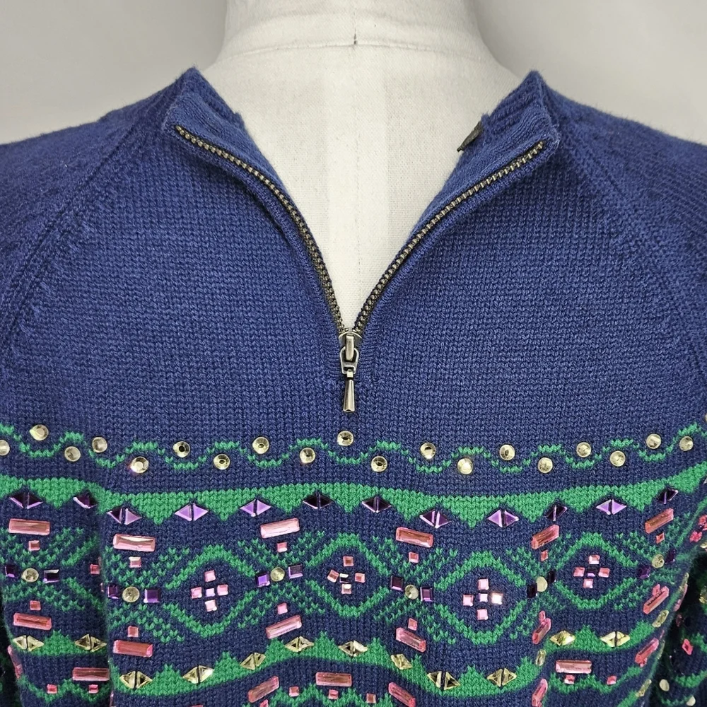 Talbots Size LP Sweater Fair Isle Gemstone Sparkle Navy Pastel Heavy Tight Knit